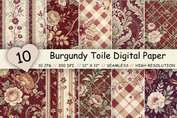 Burgundy Toile Digital Paper Pack