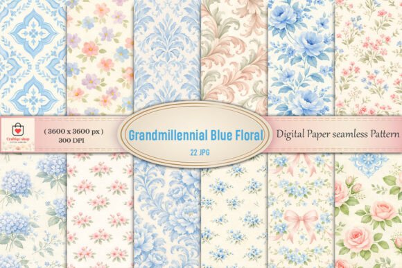 Grandmillennial Blue Floral Digital Paper