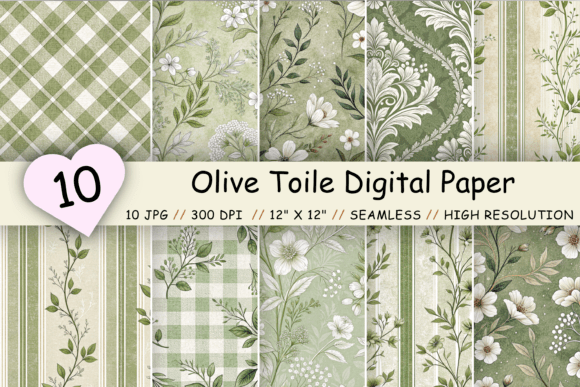 Olive Toile Digital Paper Pack, Vintage