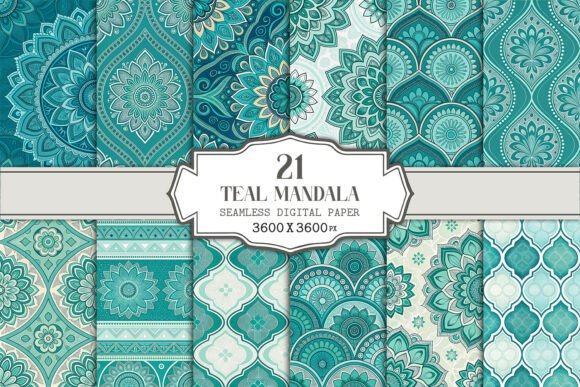 Teal Mandala Seamless Pattern Bundle