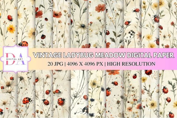 Vintage Ladybug Meadow Digital Paper